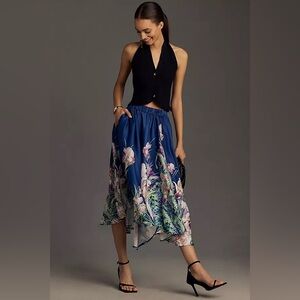 NWOT Anthropologie A-Line Midi Skirt (Blue Floral) // Size M Petite
